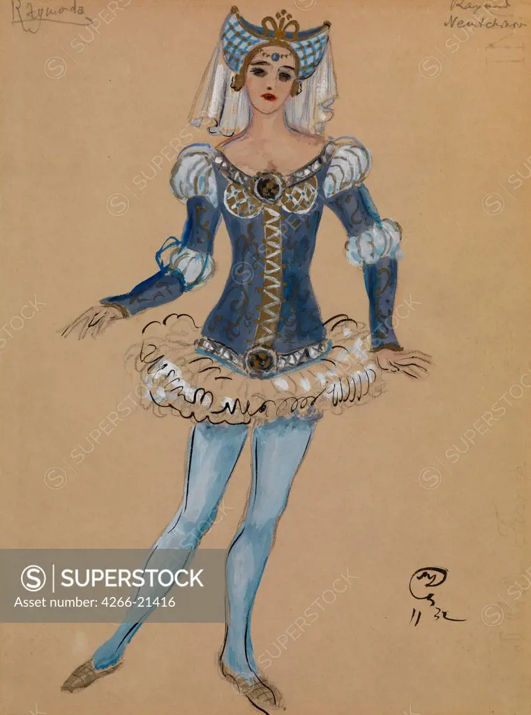 Costume design for the ballet Raymonda by A. Glazunov by Dobuzhinsky, Mstislav Valerianovich (1875-1957)/ Private Collection/ Russia/ Gouache on paper/ Theatrical scenic painting/ 34,5x24,5/ Opera, Ballet, Theatre