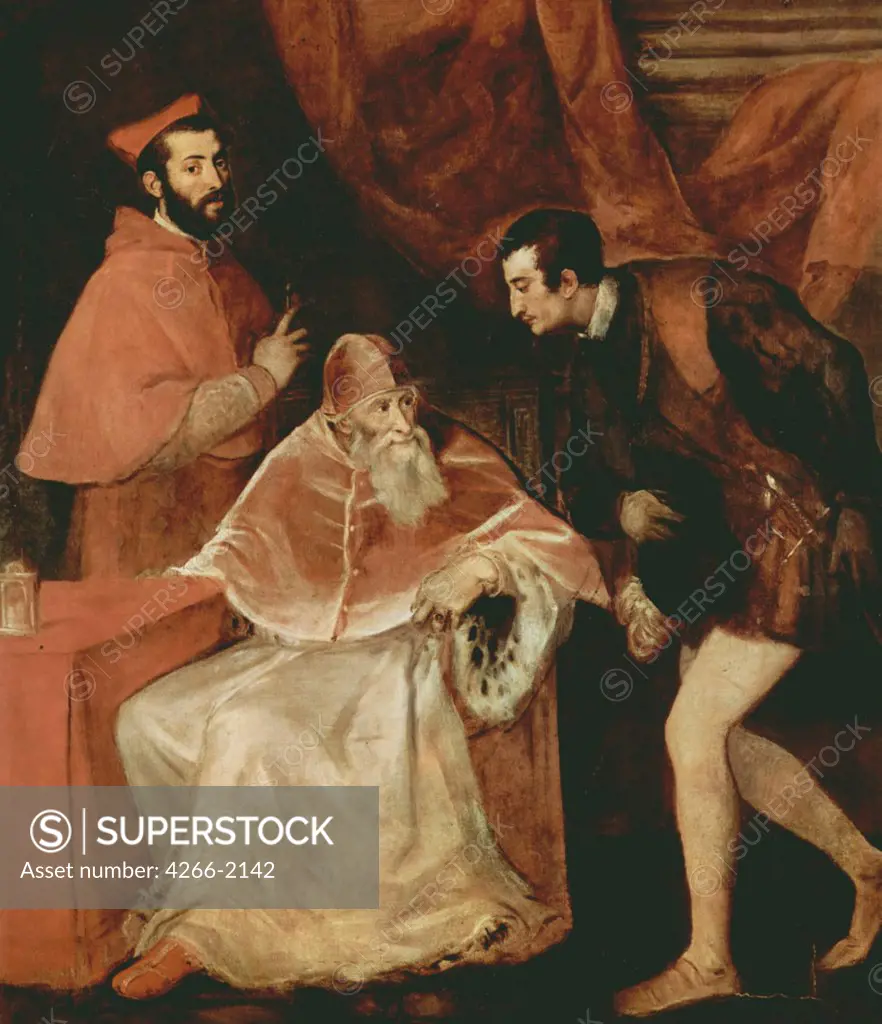 Duke of Parma with pope and cardinal by Titian, oil on canvas, 1546, 1488-1576, Italy, Naples, Museo di Capodimonte, 210x176