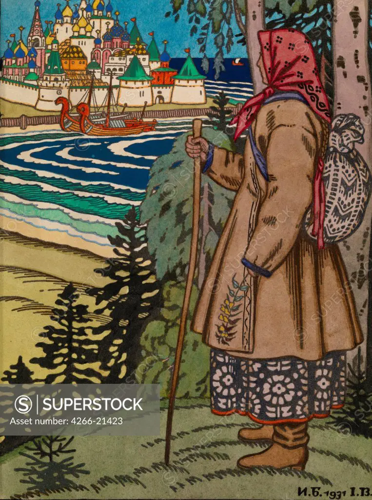 Peasant Girl. Illustration to the book 'Contes de l'Isba' by Bilibin, Ivan Yakovlevich (1876-1942)/ Private Collection/ 1931/ Russia/ Watercolour and ink on paper/ Book design/ 23,5x18/ Genre,Mythology, Allegory and Literature