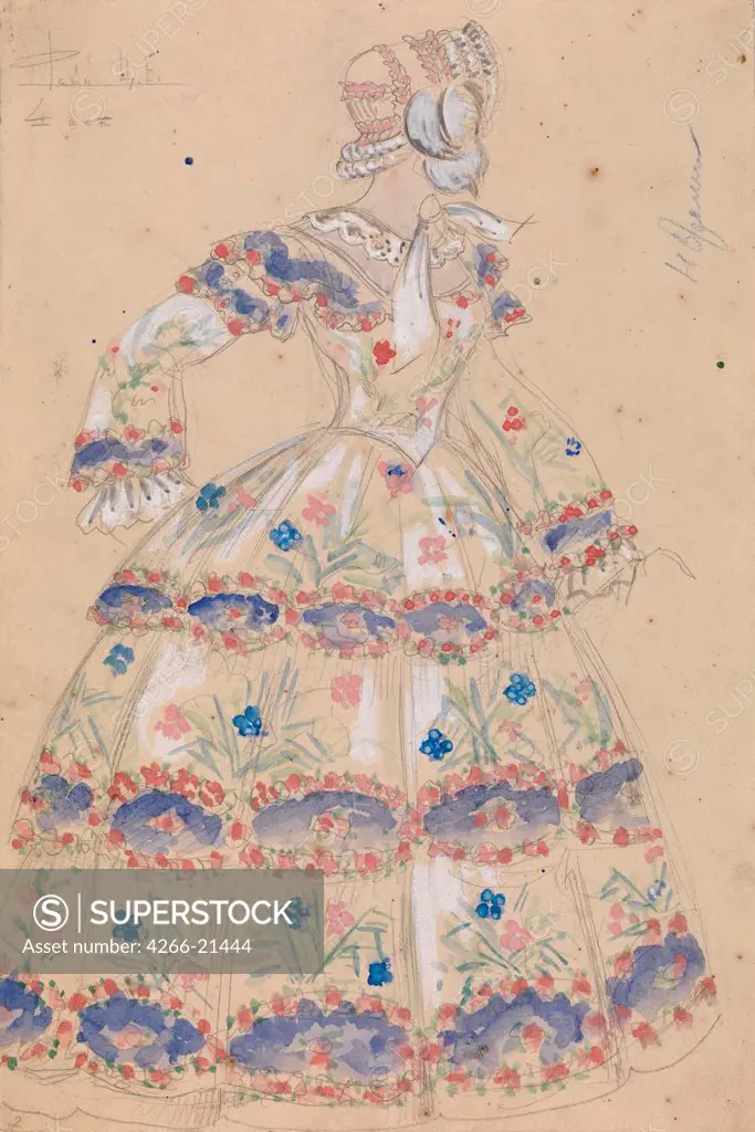 Costume Design for the Play 'A Profitable Post' by Alexander Ostrovsky by Malobrodsky, Mikhail (1909-1987)/ Private Collection/ 1949/ Russia/ Watercolour, Gouache on Paper/ Theatrical scenic painting/ 34x23/ Opera, Ballet, Theatre