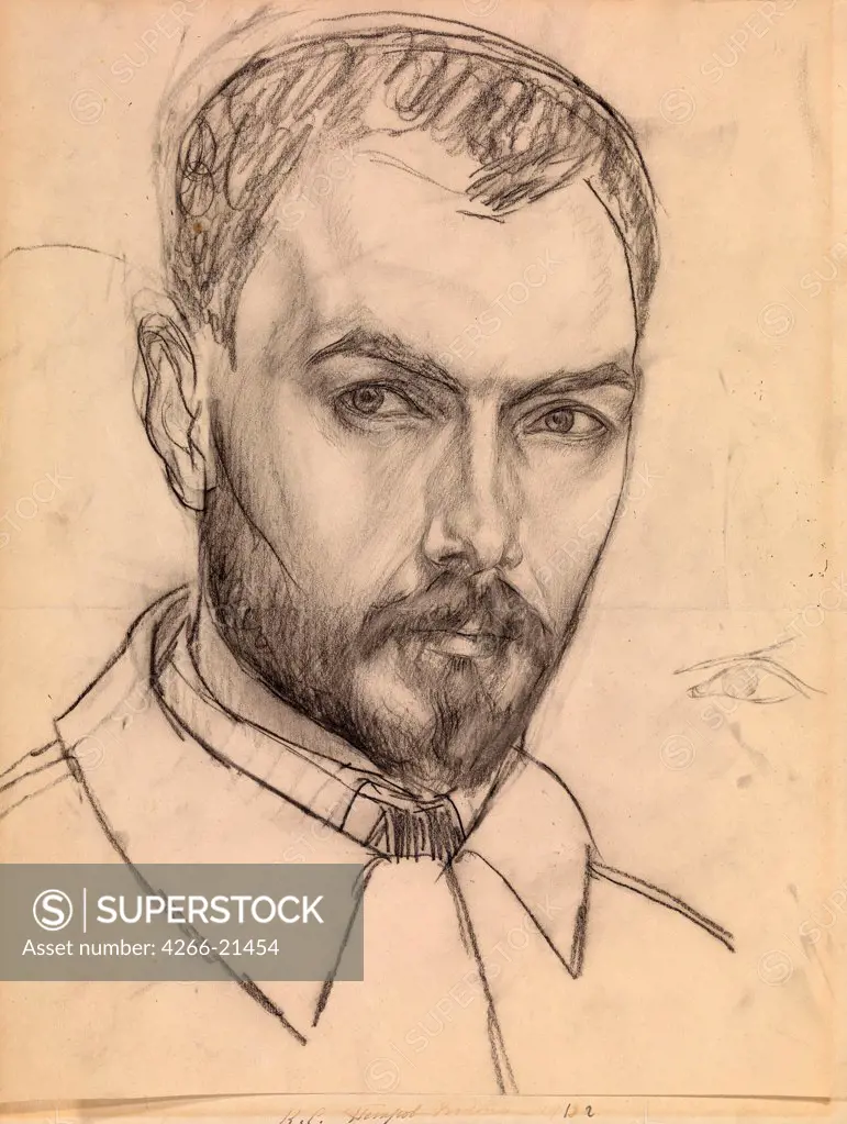 Self-Portrait by Petrov-Vodkin, Kuzma Sergeyevich (1878-1939)/ Private Collection/ c. 1913/ Russia/ Coal with pastel on paper/ Realism/ 38x30/ Portrait