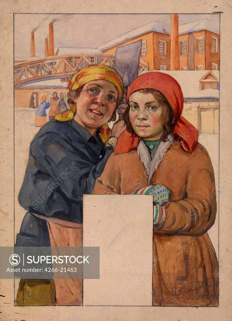 Two Factory Workers by Drozdov, Ivan Georgievich (1880-1939)/ Private Collection/ 1925/ Russia/ Oil on cardboard/ Soviet Art/ 36,5x26,5/ Genre