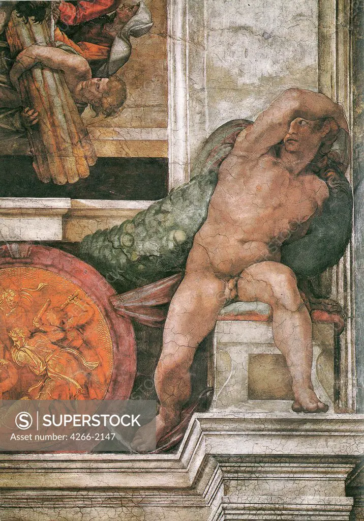 Young naked man by Michelangelo Buonarroti, fresco, 1508-1512, 1475-1564, Vatican, The Sistine Chapel