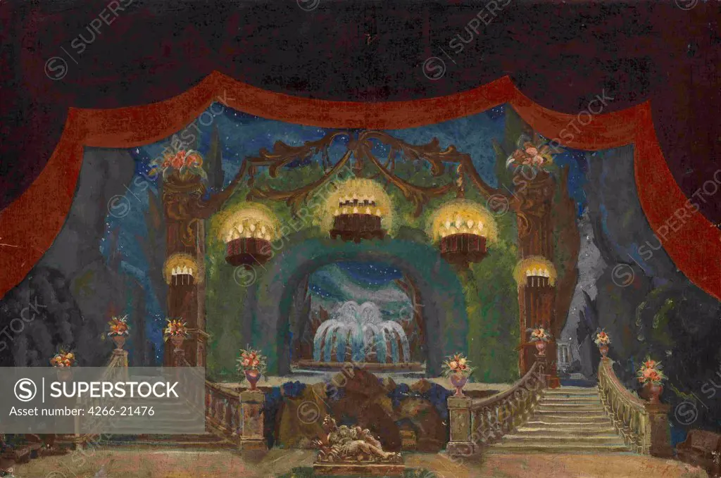 Stage design for the theatre play The stone Guest by A. Pushkin by Shukhaev, Vasili Ivanovich (1887-1973)/ Private Collection/ 1936/ Russia/ Oil on canvas/ Theatrical scenic painting/ 60x91/ Opera, Ballet, Theatre