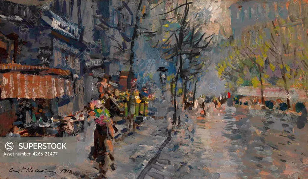 A Street in Paris by Korovin, Konstantin Alexeyevich (1861-1939)/ Private Collection/ 1918/ Russia/ Oil on canvas/ Postimpressionism/ 14x23,5/ Landscape