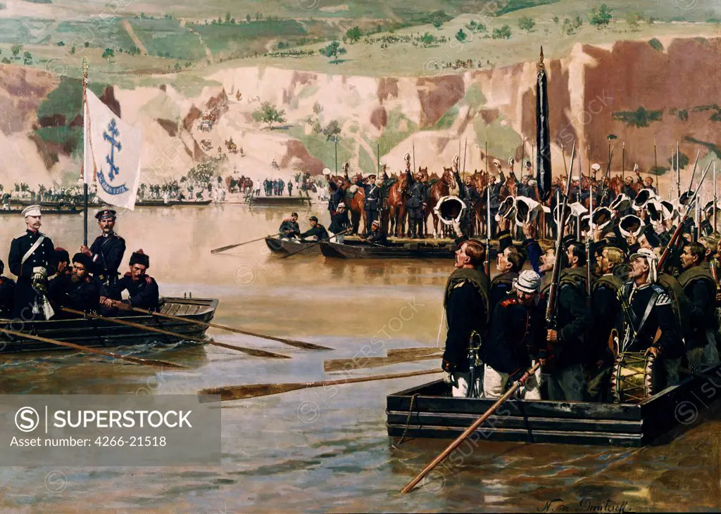 The Russians crossing the Danube at Svishtov in Juny 1877 by Dmitriev-Orenburgsky, Nikolai Dmitrievich (1837-1898)/ Private Collection/ 1870s/ Russia/ Oil on canvas/ History painting/ History