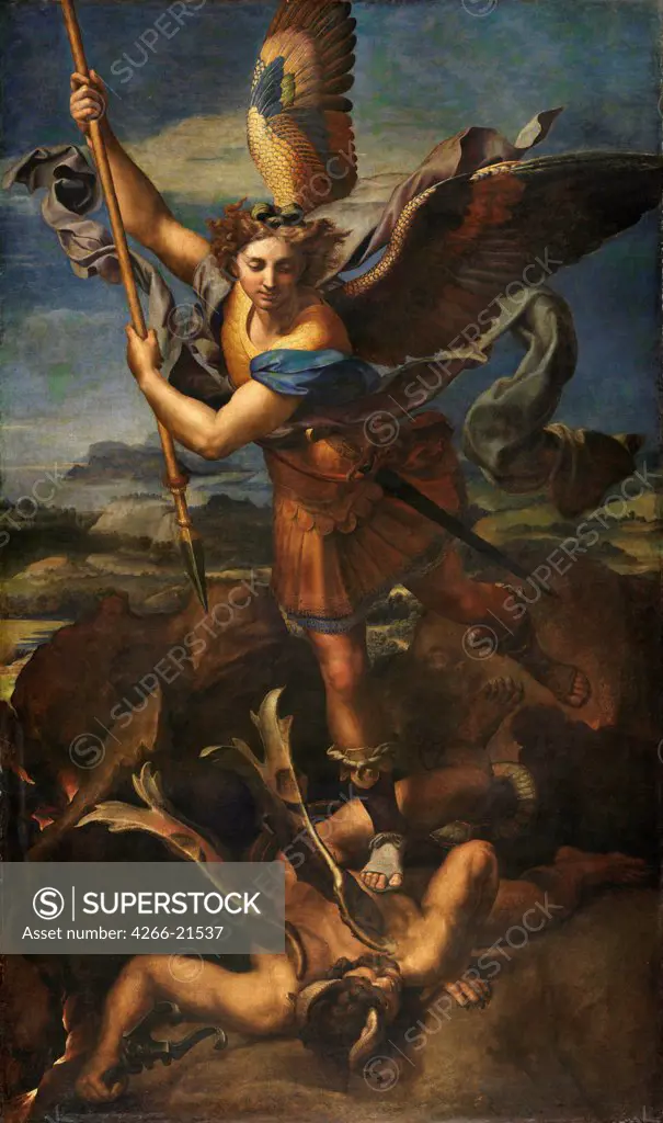 Saint Michael Vanquishing Satan by Raphael (1483-1520)/ Louvre, Paris/ 1518/ Italy, Roman School/ Oil on canvas/ Renaissance/ 268x160/ Bible