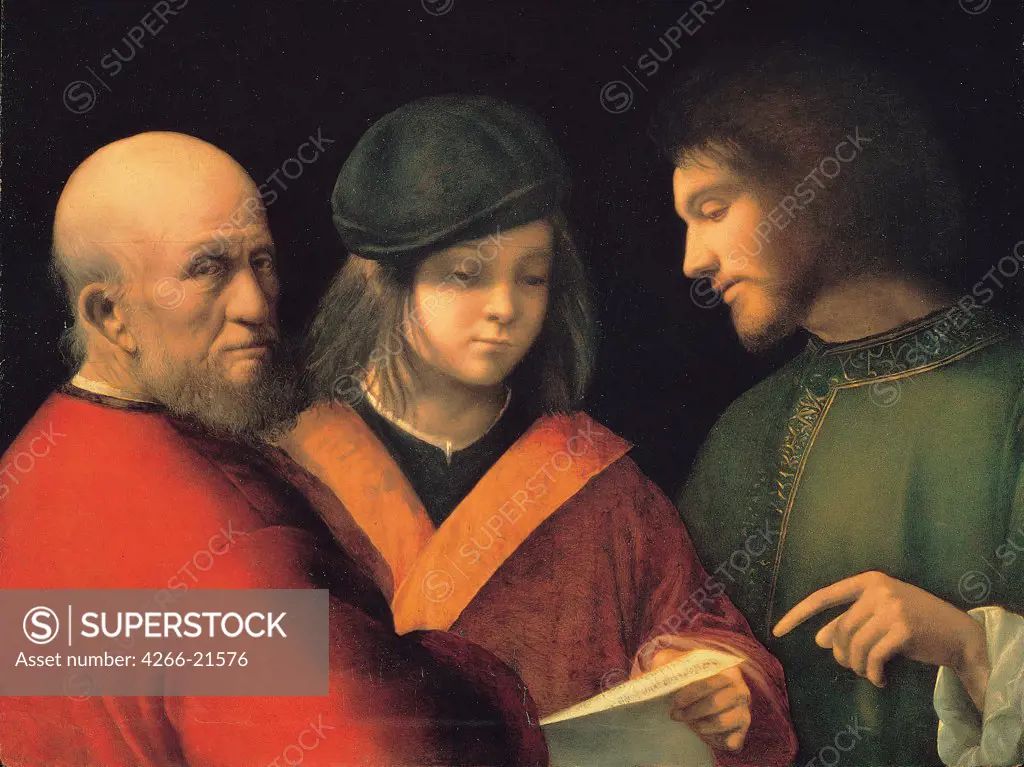 The Three Ages of Man (Reading a Song) by Giorgione (1476-1510)/ Palazzo Pitti, Florence/ c. 1501/ Italy, Venetian School/ Oil on canvas/ Renaissance/ 62x77/ Genre,Mythology, Allegory and Literature
