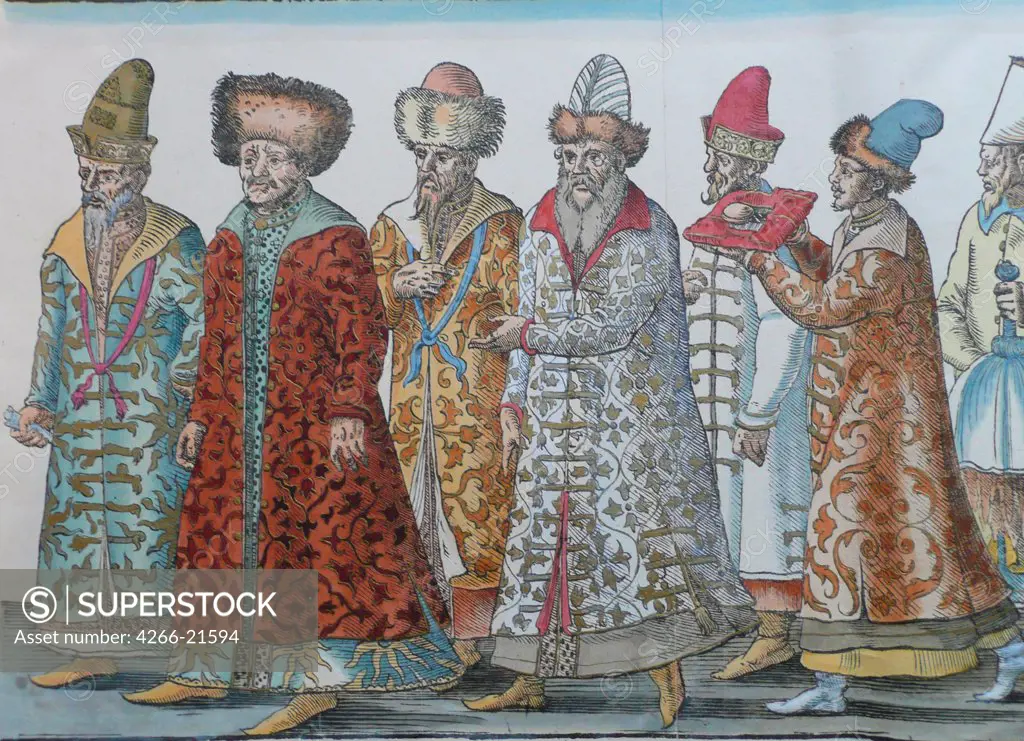 Portrait of Moscow Monarchs Ivan III, Vasili III Ivanovich, Ivan IV of Russia and entourage by Anonymous  / State Hermitage, St. Petersburg/ Copper engraving, watercolour/ Medieval art/ 53x42/ History