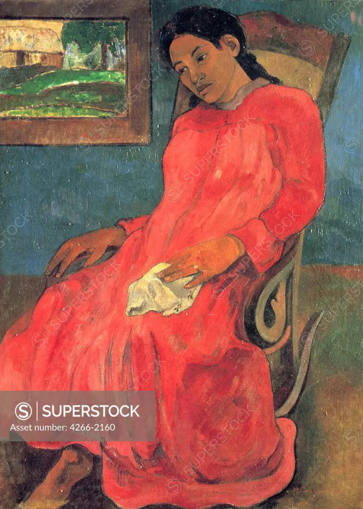 Woman sitting on rocking chair by Eugene Henri Paul Gauguin, oil on canvas, 1891, 1848-1903, United States of America, Kansas City, Nelson-Atkins Museum of Art, 92x73