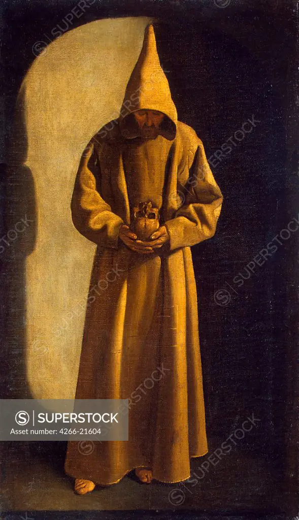 Saint Francis with a Skull in his Hands by Zurbaran, Francisco de, (School)  / State Hermitage, St. Petersburg/ c.1630/ Spain/ Oil on canvas/ Baroque/ 55,5x32/ Bible