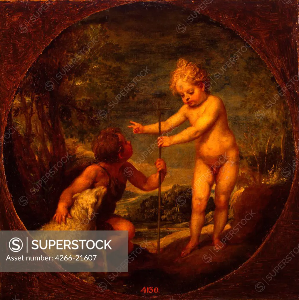 Christ and John the Baptist as Children by Cano, Alonso (1601-1667)/ State Hermitage, St. Petersburg/ ca 1665/ Spain/ Oil on canvas/ Baroque/ 42,5x42,5/ Genre