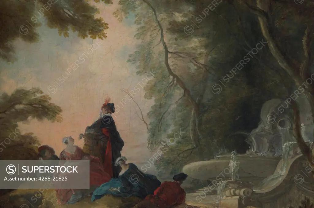 Gallant Party by a Fountain by Lajoue, Jacques, de (1686-1761)/ Villa Margherita, Bordighera/ France/ Oil on canvas/ Rococo/ 59x96/ Landscape,Genre