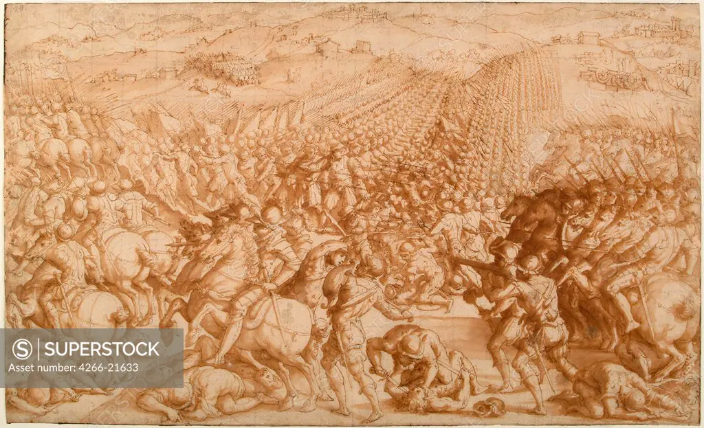 The Battle of Marciano by Vasari, Giorgio (1511-1574)/ Gabinetto Nazionale delle Stampe, Rome/ 1570s/ Italy, Florentine School/ Pencil, brush, sepia on paper/ Mannerism/ 25,5x42,2/ History