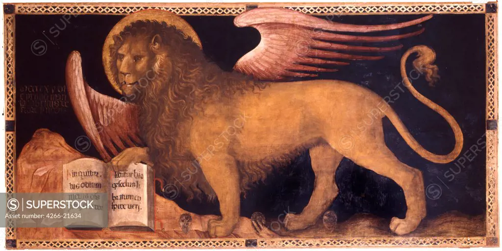 The Lion of Saint Mark by Jacobello del Fiore (ca 1370 _ 1439)/ Palazzo Ducale, Venice/ Italy, Venetian School/ Oil on canvas/ Renaissance/ 167x340/ Mythology, Allegory and Literature
