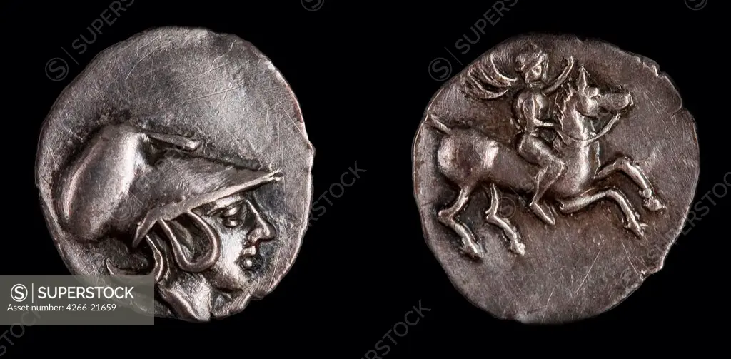 Emporiae coin. Obverse: Head of Athena with Corinthian helmet by Numismatic, Ancient Coins  / State Hermitage, St. Petersburg/ 4th century BC/ Silver/ Numismatics/ D 1,1/ Objects