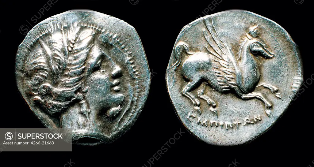 Drachma from Emporion. Obverse: Head of Persephone. Reverse: Pegasus by Numismatic, Ancient Coins  / State Hermitage, St. Petersburg/ Third cent. BC/ Silver/ Numismatics/ D 2/ Objects