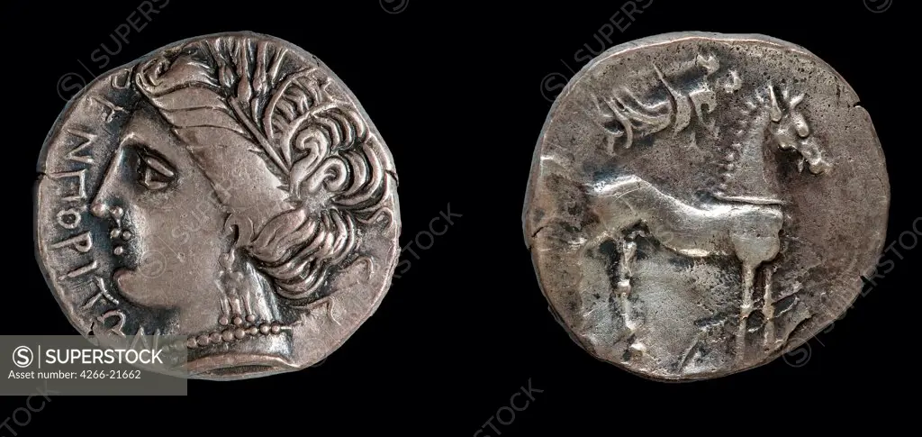 Drachma from Emporion. Obverse: Head of Persephone by Numismatic, Ancient Coins  / State Hermitage, St. Petersburg/ 3rd cen. BC/ Silver/ Numismatics/ D 1,9/ Objects
