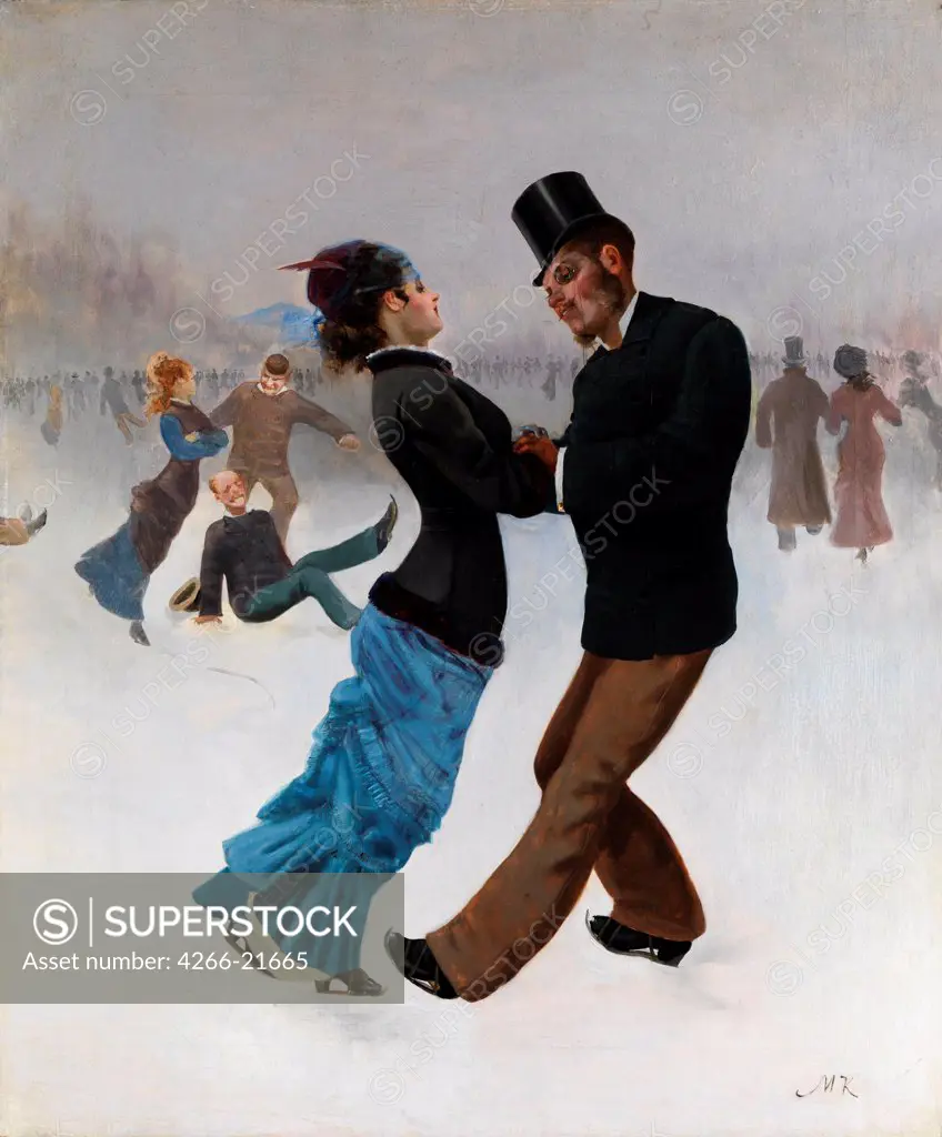 Ice Skaters by Klinger, Max (1857-1920)/ Private Collection/ c. 1920/ Germany/ Oil on canvas/ Symbolism/ 66x54/ Genre