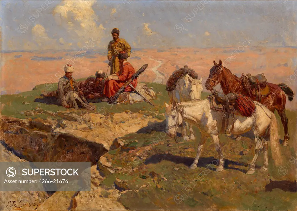 Caucasian Riders at Rest by Roubaud, Franz (1856-1928)/ Private Collection/ 1917/ Germany/ Oil on canvas/ Realism/ 59,5x83/ Genre