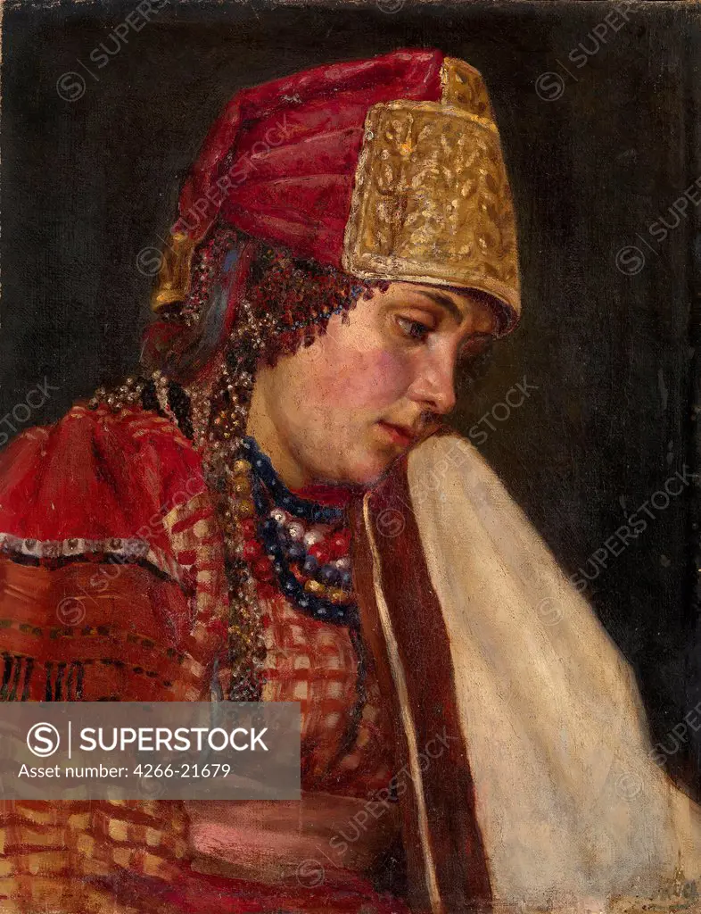 Boyar's Wife by Surikov, Vasili Ivanovich (1848-1916)/ Private Collection/ Russia/ Oil on canvas/ History painting/ 49x38/ Portrait,Genre
