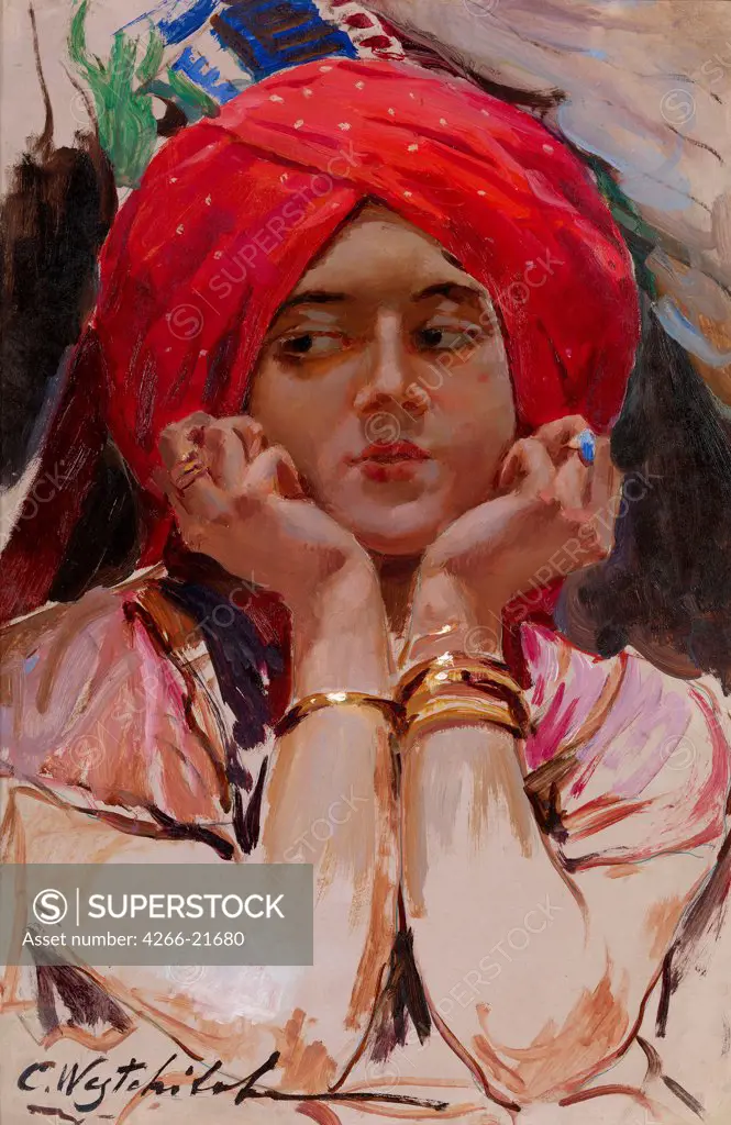 The Persian Princess by Veshchilov, Konstantin Alexandrovich (1878-1945)/ Private Collection/ Russia/ Oil on paper/ Realism/ 50x33/ Portrait,Genre