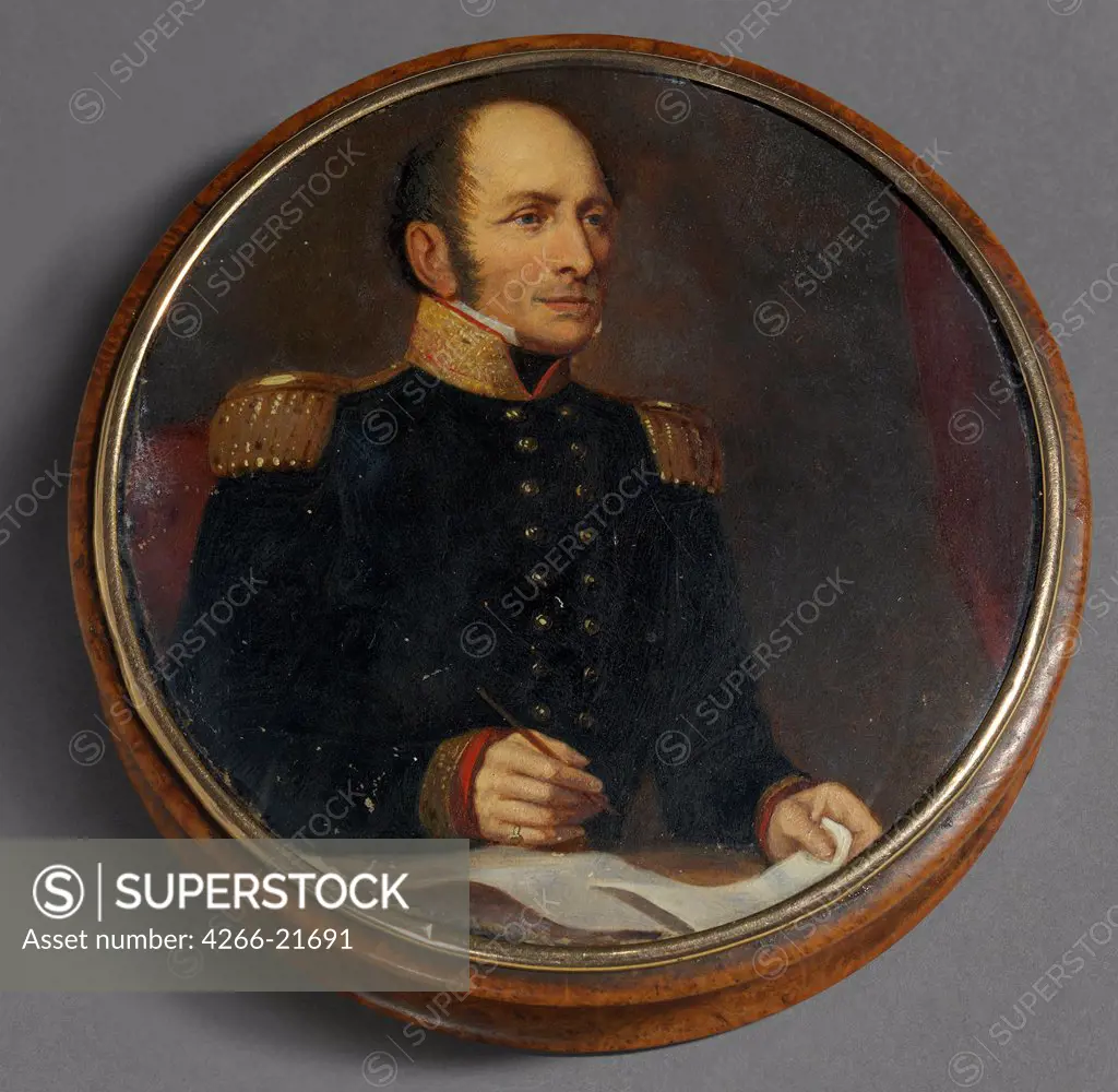 Portrait of Field marshal Count Mikhail Barklay-de-Tolli (1761-1818) by Anonymous  / Private Collection/ First quarter of 19th cen./ Russia/ Gouache on cardboard/ Classicism/ D 9,5/ Portrait