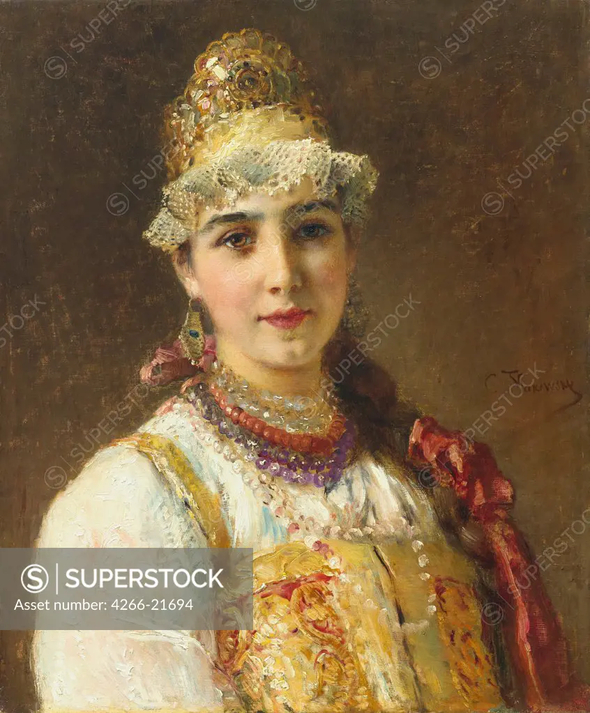 Boyar's Wife by Makovsky, Konstantin Yegorovich (1839-1915)/ Private Collection/ 1880s/ Russia/ Oil on canvas/ Russian Painting of 19th cen./ 60,3x50,2/ Portrait,Genre