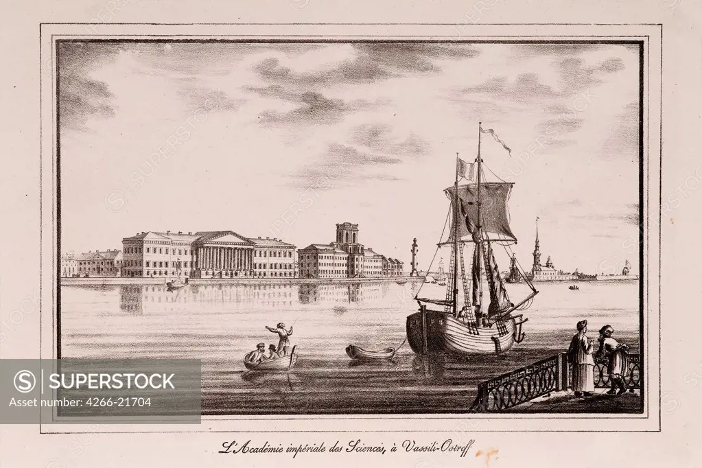 The Academy of Sciences (Series 'Views of Saint Petersburg') by Pluchart, Alexander (1777-1827)/ Private Collection/ 1820s/ Germany/ Lithograph/ Classicism/ Architecture, Interior,Landscape