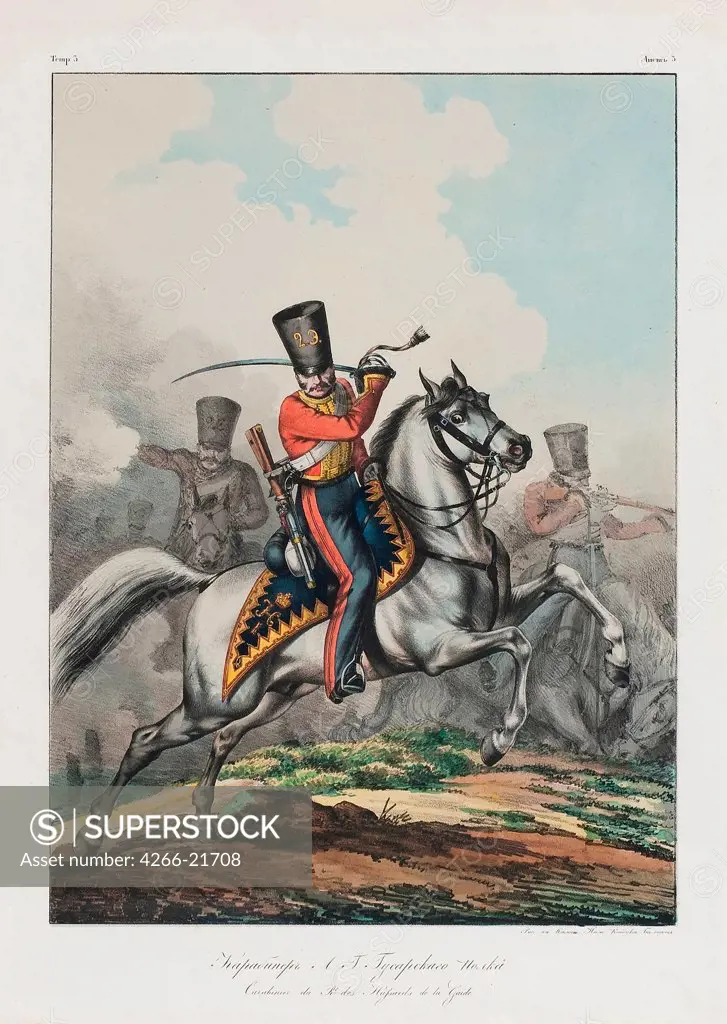 Carabinier of Hussar regiment by Belousov, Lev Alexandrovich (1806-1864)/ Private Collection/ 1830s/ Russia/ Lithograph, watercolour/ Book design/ 42x31/ History