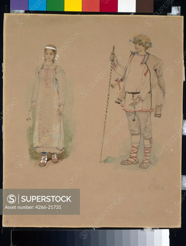 Snow Maiden and Lel. Costume design for the opera 'Snow Maiden' by N. Rimsky-Korsakov by Vasnetsov, Viktor Mikhaylovich (1848-1926)/ State Tretyakov Gallery, Moscow/ 1885/ Russia/ Watercolour, Gouache on Paper/ Theatrical scenic painting/ 22x26,4/ Opera,
