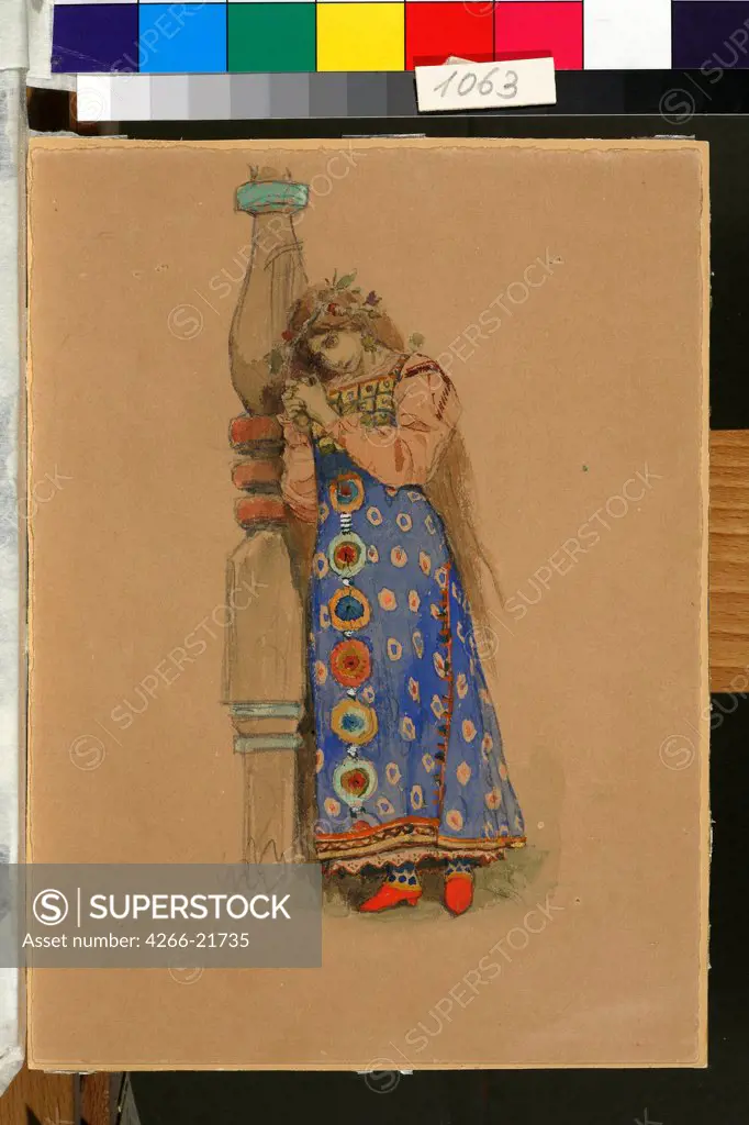 Kupava. Costume design for the opera 'Snow Maiden' by N. Rimsky-Korsakov by Vasnetsov, Viktor Mikhaylovich (1848-1926)/ State Tretyakov Gallery, Moscow/ 1885/ Russia/ Watercolour, Gouache on Paper/ Theatrical scenic painting/ 23,5x17/ Opera, Ballet, Thea