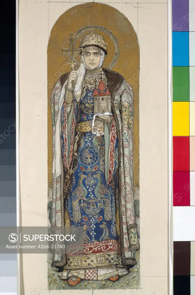 Saint Olga, Princess of Kiev (Study for frescos in the St Vladimir's Cathedral of Kiev) by Vasnetsov, Viktor Mikhaylovich (1848-1926)/ State Tretyakov Gallery, Moscow/ 1884-1889/ Russia/ Watercolour, gouache, gold und white colours on paper/ Art Nouveau/