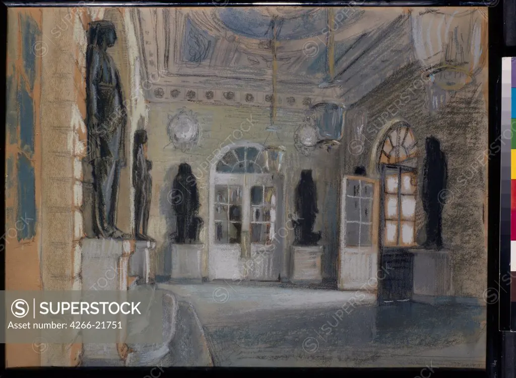 Entrance hall of Pavlovsk Palace by Benois, Alexander Nikolayevich (1870-1960)/ State Tretyakov Gallery, Moscow/ 1902/ Russia/ Gouache and Pastel on paper/ Russian Painting, End of 19th - Early 20th cen./ 49x63,8/ Architecture, Interior