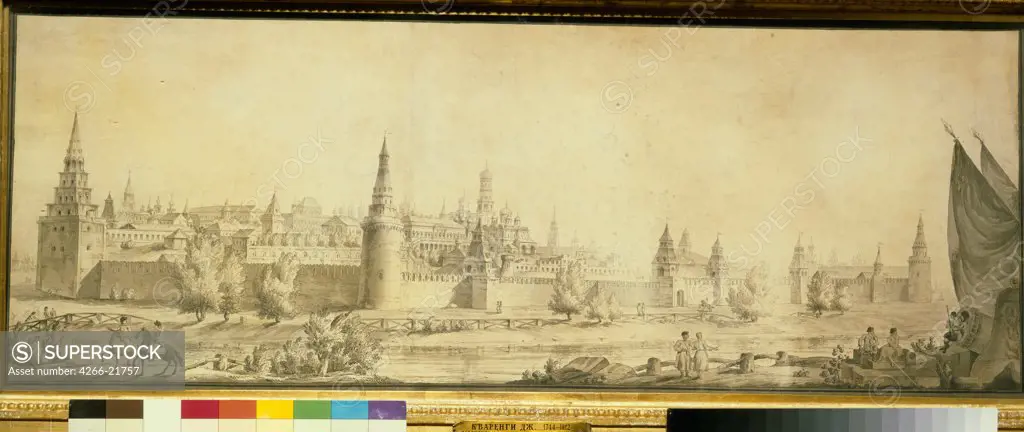 Panoramic view of Moscow Kremlin by the End of the 18th century by Quarenghi, Giacomo Antonio Domenico (1744-1817)/ State Tretyakov Gallery, Moscow/ End 1790s/ Italy/ Pen, brush, brown colour, black chalk, water colour on paper/ Classicism/ 41,5x110,5/ A