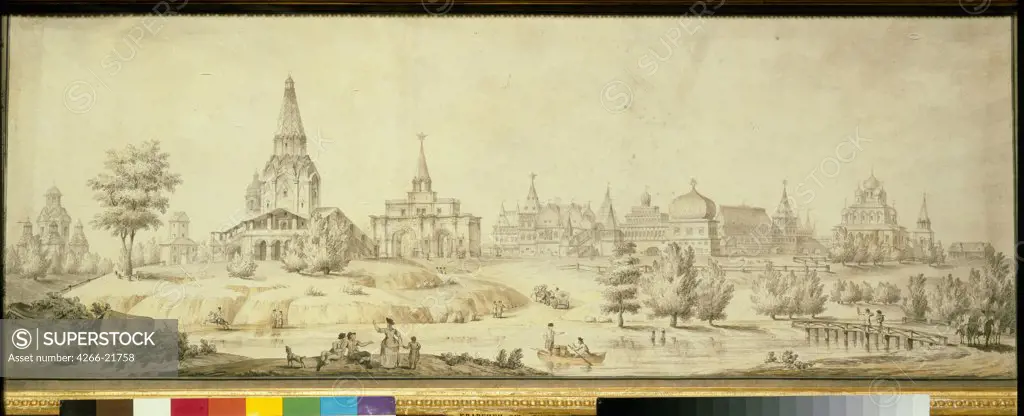 View of Kolomenskoye by Quarenghi, Giacomo Antonio Domenico (1744-1817)/ State Tretyakov Gallery, Moscow/ 1795/ Italy/ Pen, brush, watercolour, ink and white colour on paper/ Classicism/ 42,7x113/ Architecture, Interior,Landscape