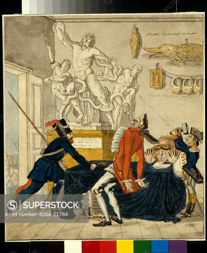 Napoleon Bonaparte selling Stolen Goods by Terebenev, Ivan Ivanovich (1780-1815)/ State Tretyakov Gallery, Moscow/ 1813/ Russia/ Pen, brush, watercolour, ink and white colour on paper/ Caricature/ 28,8x25,7/ History