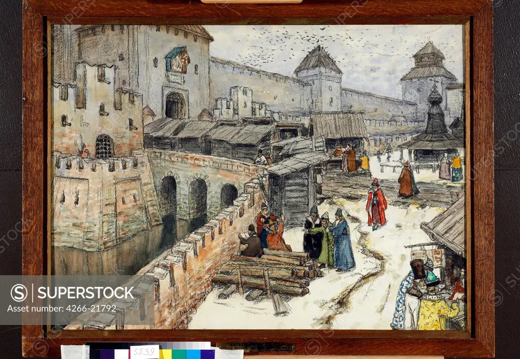 Moscow in the 17th Century. Bookshops on the Christ the Saviour Bridge by Vasnetsov, Appolinari Mikhaylovich (1856-1933)/ State Tretyakov Gallery, Moscow/ 1902/ Russia/ Watercolour and coal on paper/ History painting/ 49,5x66,4/ Architecture, Interior,La