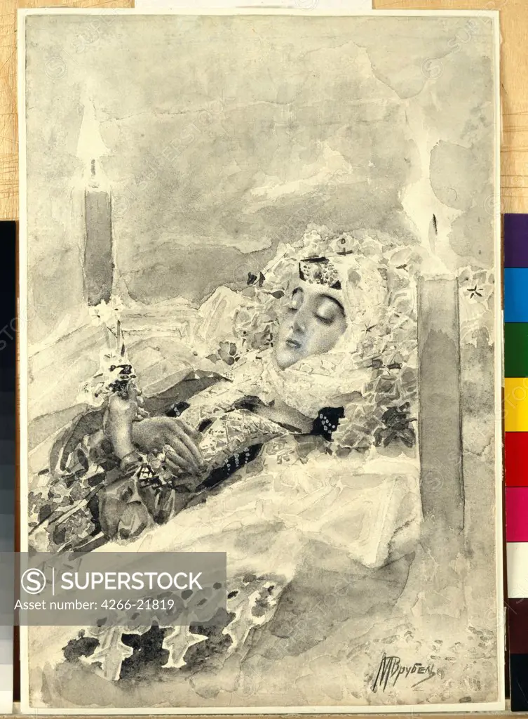 Tamara in the coffin. Illustration to the poem 'The Demon' by Mikhail Lermontov by Vrubel, Mikhail Alexandrovich (1856-1910)/ State Tretyakov Gallery, Moscow/ 1890-1891/ Russia/ Watercolour and white colour on paper/ Symbolism/ 28x19/ Mythology, Allegory