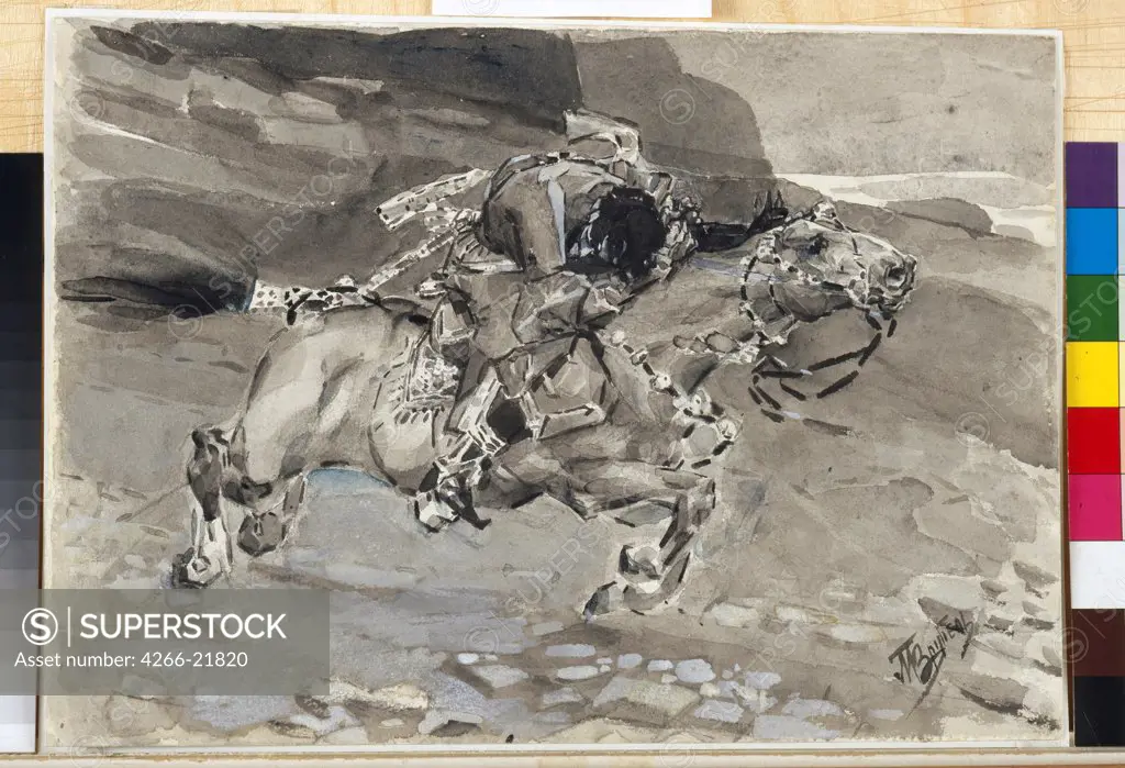 Horseman. Illustration to the poem 'The Demon' by Mikhail Lermontov by Vrubel, Mikhail Alexandrovich (1856-1910)/ State Tretyakov Gallery, Moscow/ 1890-1891/ Russia/ Watercolour and white colour on paper/ Symbolism/ 23,5x33,5/ Mythology, Allegory and Lit