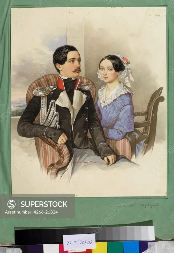 Portrait of Count Jakov Karlovich Sievers (1818-1865) and Countess Vera Mikhaylovna 1818-1865 by Alexeyev, N.M. (active First Half of 19th cen.)/ State Tretyakov Gallery, Moscow/ 1843/ Russia/ Watercolour and white colour on cardboard/ Romanticism/ 26,5x