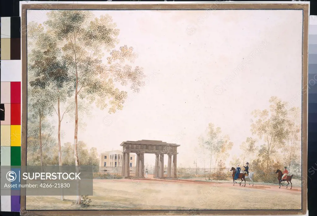 Gateway to the Park in Tsarskoye Selo by Martynov, Andrei Yefimovich (1768-1826)/ State Tretyakov Gallery, Moscow/ after 1821/ Russia/ Gouache on paper/ Classicism/ 38,5x51,5/ Architecture, Interior,Landscape