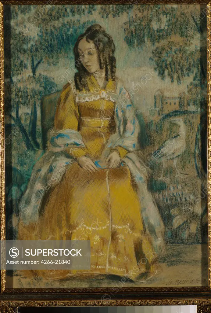 Lady by Tapestry. Portrait of Nadezhda Stanyukovich by Borisov-Musatov, Viktor Elpidiforovich (1870-1905)/ State Tretyakov Gallery, Moscow/ 1903/ Russia/ Pastel on paper/ Symbolism/ 57,5x42/ Portrait,Genre