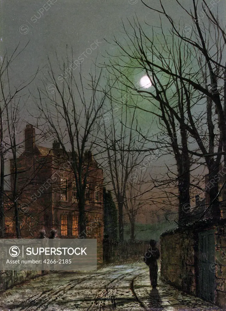 Street at night by John Atkinson Grimshaw, oil on canvas, 1882, 1836-1893, private collection, 32x23