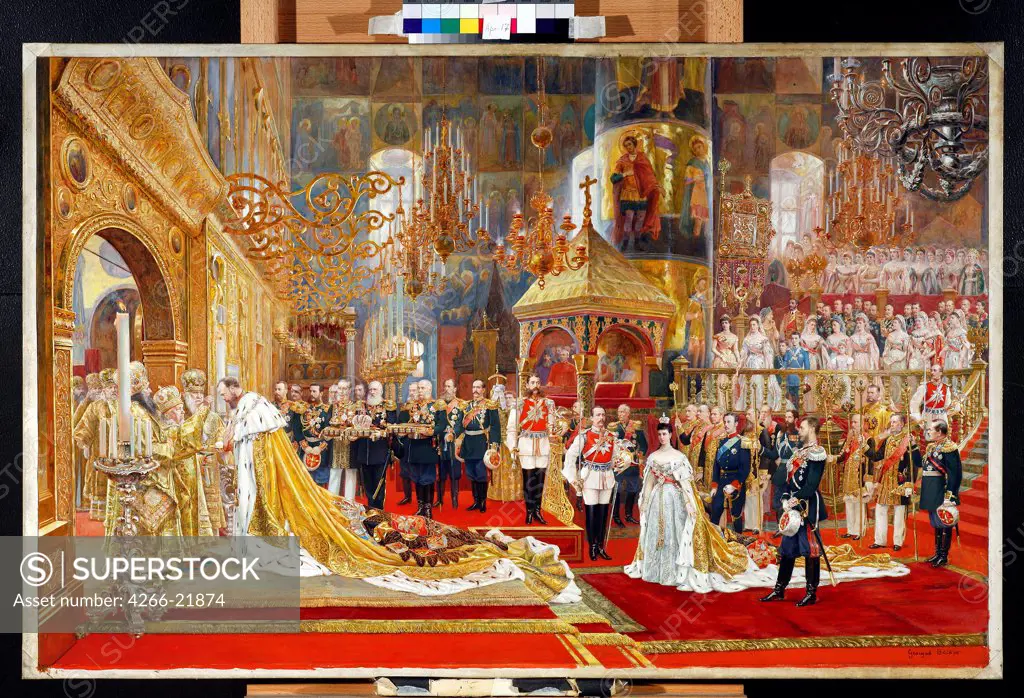 Coronation of Empreror Alexander III and Empress Maria Fyodorovna by Becker, Georges (1845-1909)/ State Tretyakov Gallery, Moscow/ 1883-1888/ France/ Watercolour and white colour on paper/ Academic art/ 72,5x113/ Genre,History