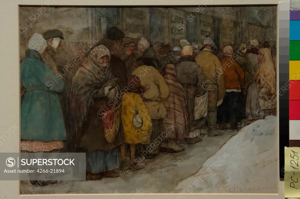 The Queue by Vakhrameyev, Alexander Ivanovich (1874-1926)/ State Tretyakov Gallery, Moscow/ ca 1921/ Russia/ Watercolour, white colour, black chalk on paper/ Realism/ 22x29,5/ Genre,History