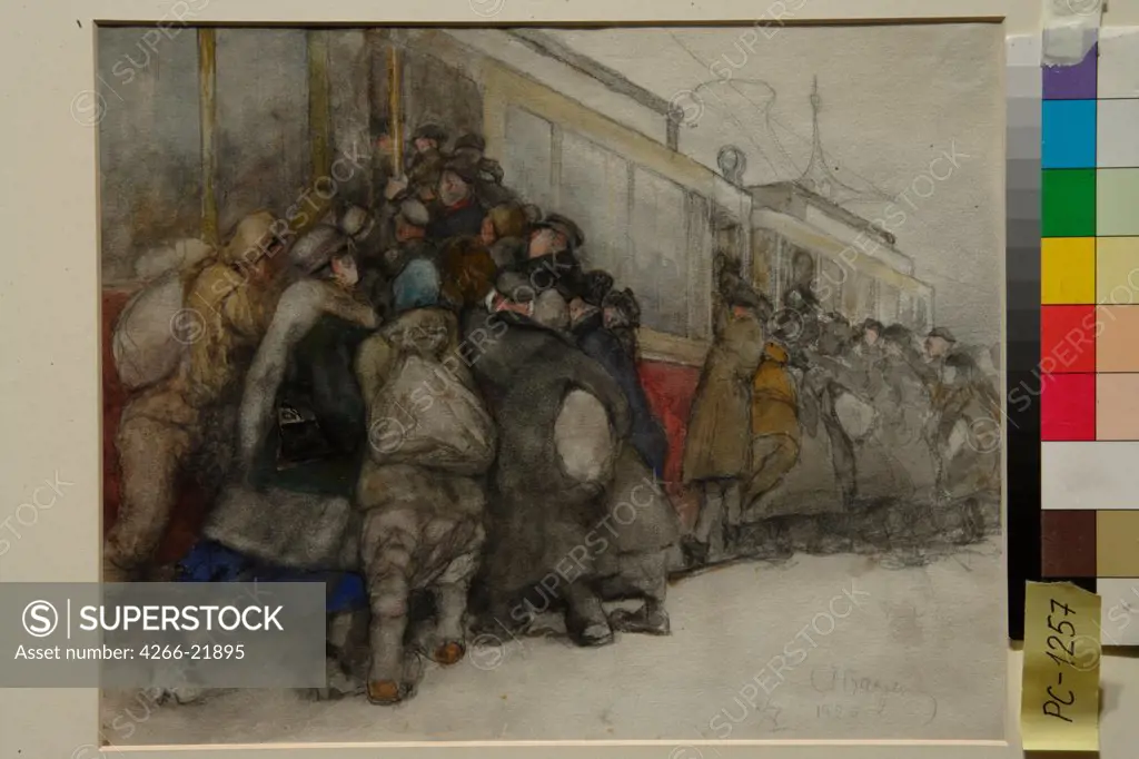 By the Tram by Vakhrameyev, Alexander Ivanovich (1874-1926)/ State Tretyakov Gallery, Moscow/ 1920/ Russia/ Watercolour, white colour, black chalk on paper/ Realism/ 24,5x30,5/ Genre,History