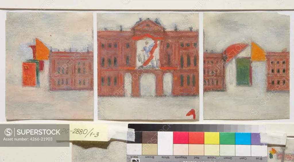Decorations design for the Uritsky (formerly Palace) Square for the festival of the first anniversary of the October revolution by Altman, Nathan Isaevich (1889-1970)/ State Tretyakov Gallery, Moscow/ 1818/ Russia/ Colour pencils and gouache on paper/ Ru