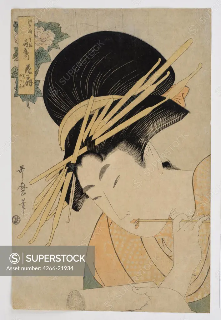 Courtesan Hanaogi of the Ogiya House by Utamaro, Kitagawa (1753-1806)/ Honolulu Academy of Arts/ 1801/ Japan/ Colour linocut/ The Oriental Arts/ 36,8x24,1/ Genre