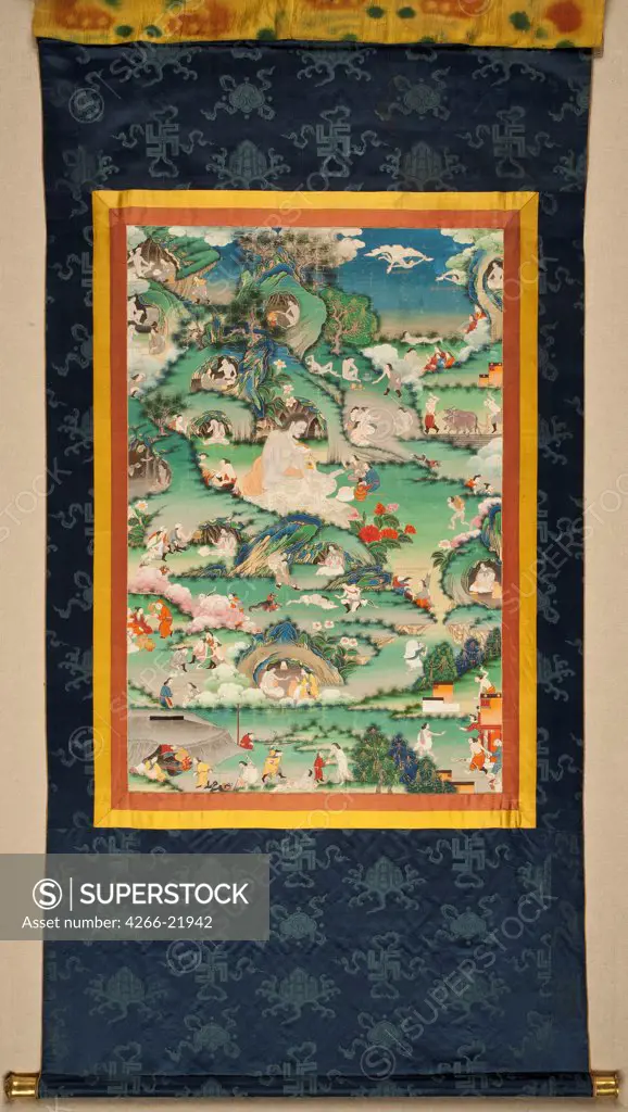 A scene from the life of Milarepa (Thangka) by Tibetan culture  / Etnografiska Museet, Stockholm/ Late 18th cent./ Tibet/ Mineral Pigment on Cotton/ The Oriental Arts/ 83,5x55,5/ Mythology, Allegory and Literature